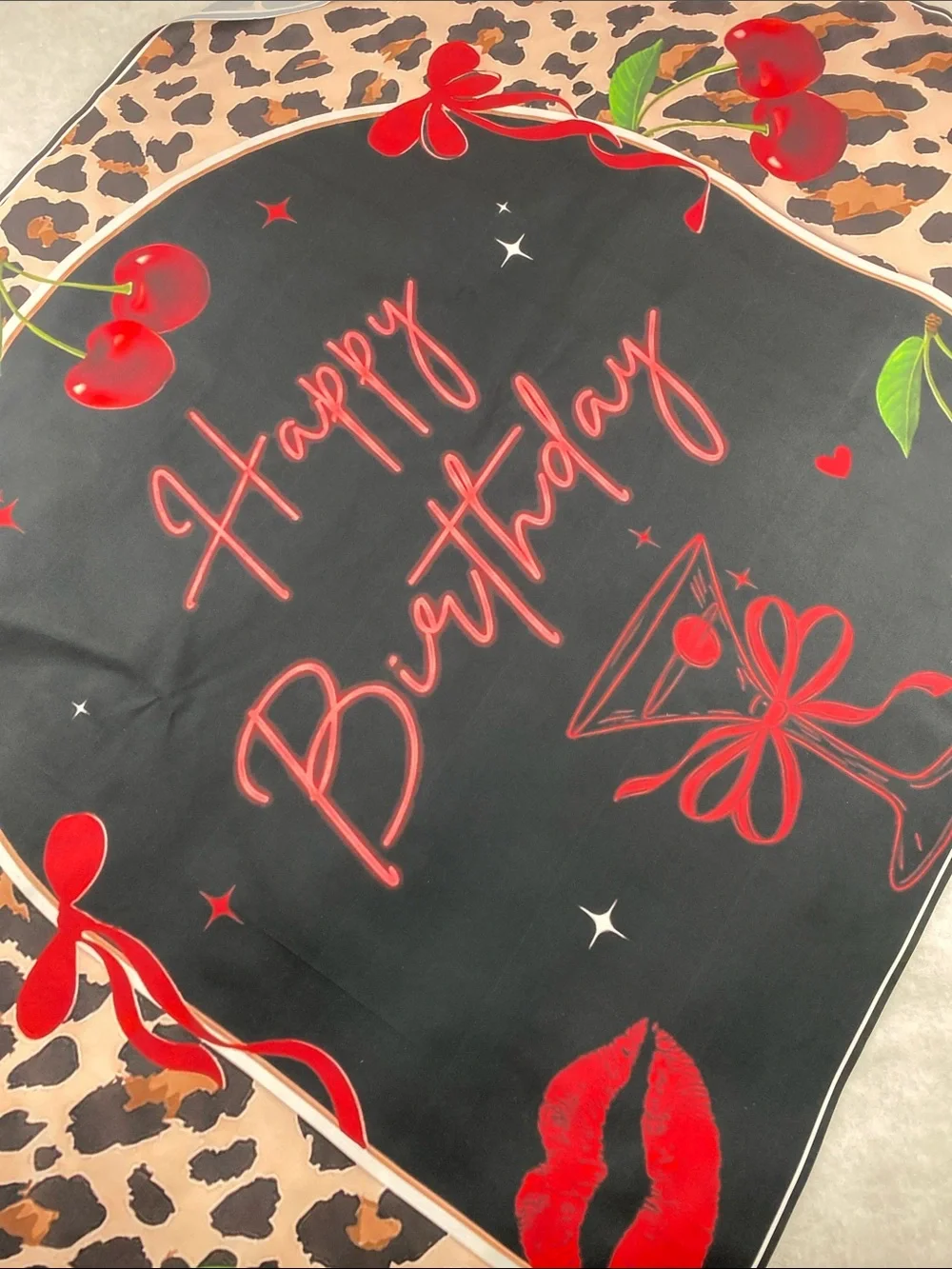 Happy Birthday Graphic banner - Black & Red Cherry Design cocktail lips bows